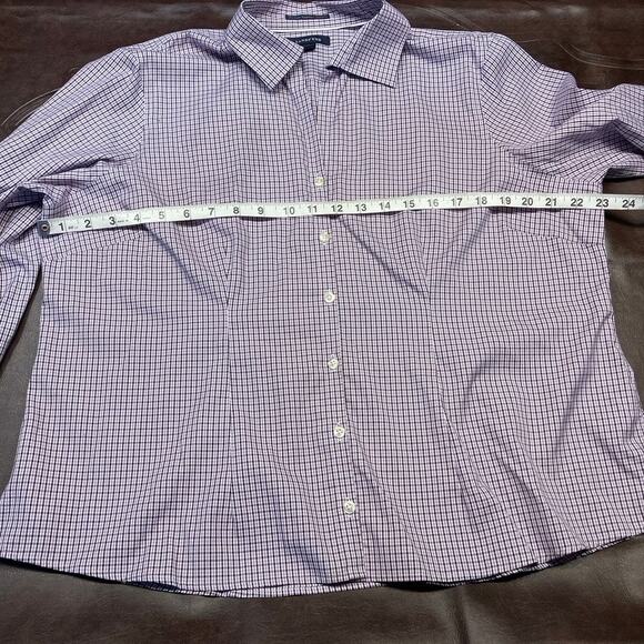 Lands End Womens 18p‎ Pinpoint Oxford 3/4 Sleeve Plaid Purple Classic Preppy - Picture 12 of 13